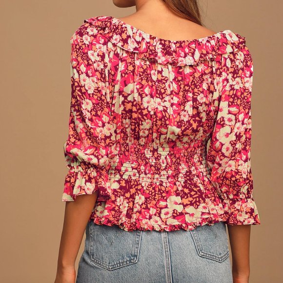 NWT Free People Sweet Memories Pink Multi Floral Print Ruffled Puff Sleeve Top - Picture 2 of 11